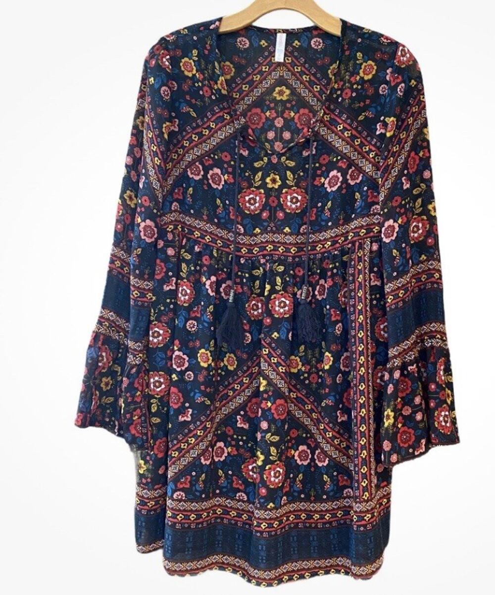 boho baby doll mini dress LG bell sleeves Peasant dark cottagecore whimsigoth